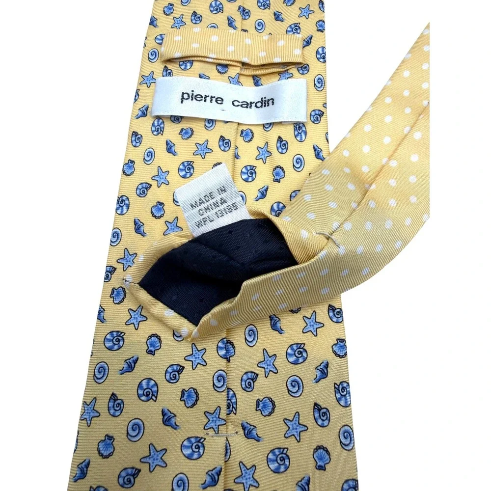Pierre Cardin Mens Yellow Blue Coastal Seashell Starfish Dot Silk Tie 60